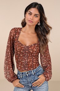 Feeling So Cute Brown Floral Mesh Balloon Sleeve Crop Top 2