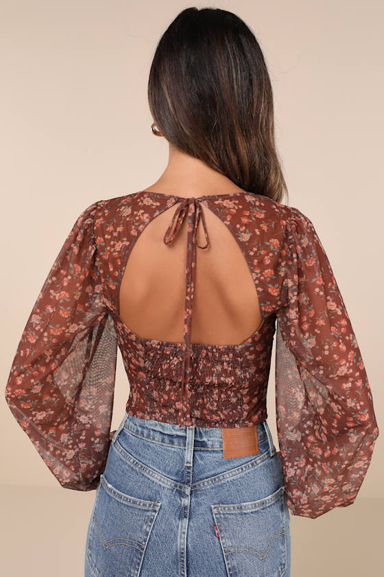 Lulus Feeling So Cute Brown Floral Mesh Balloon Sleeve Crop Top In Brown