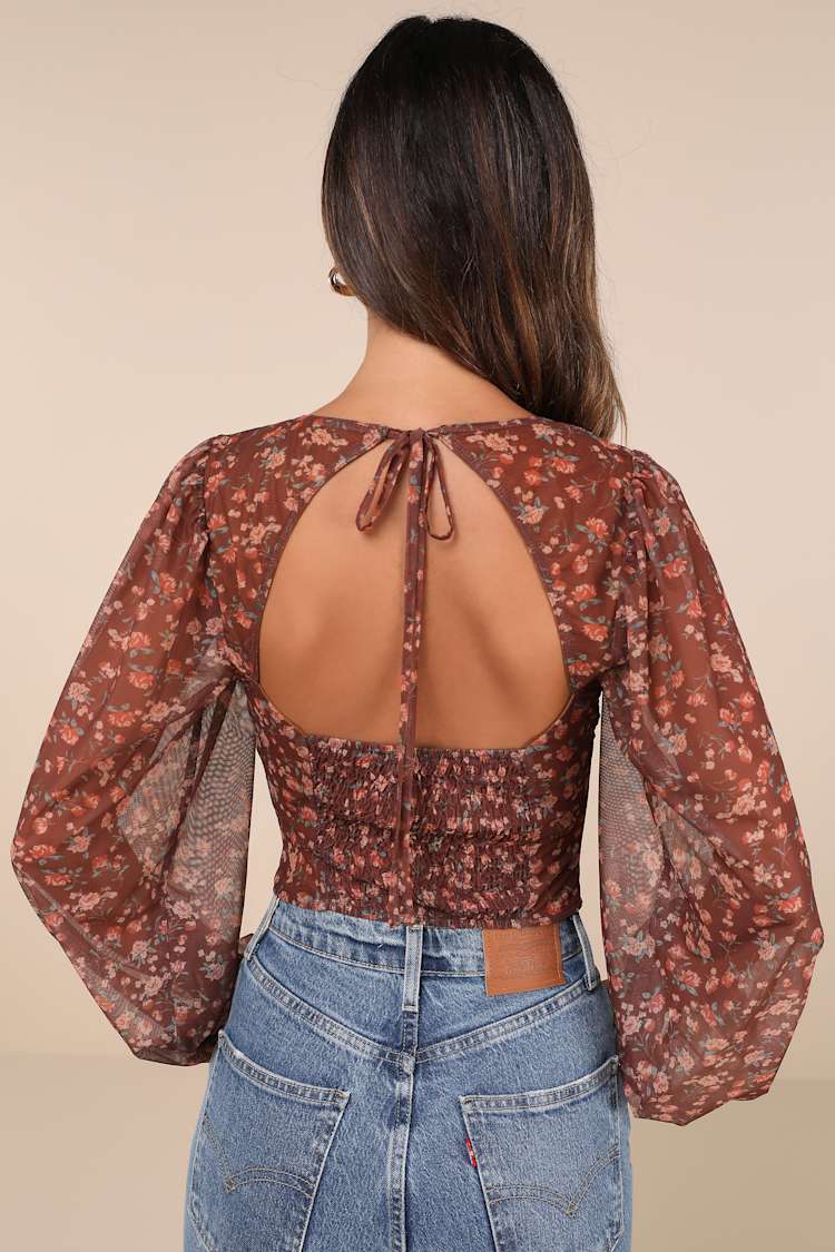Feeling So Cute Brown Floral Mesh Balloon Sleeve Crop Top