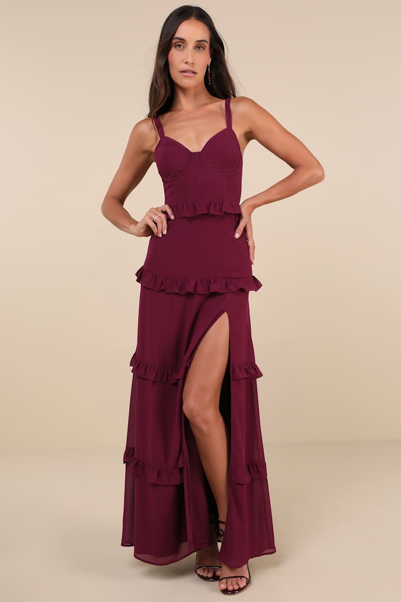 Sincerely Poised Plum Purple Backless Bustier Tiered Maxi Dress