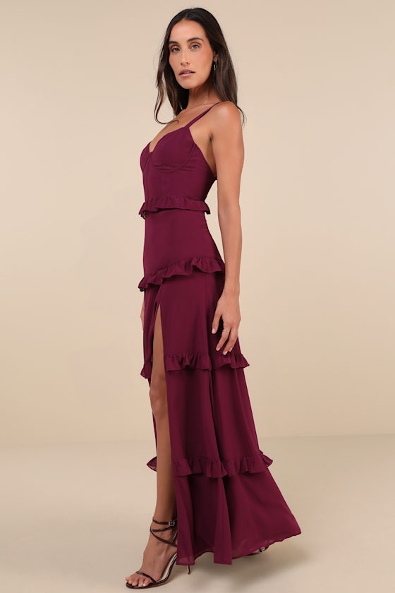 Sincerely Poised Plum Purple Backless Bustier Tiered Maxi Dress 1