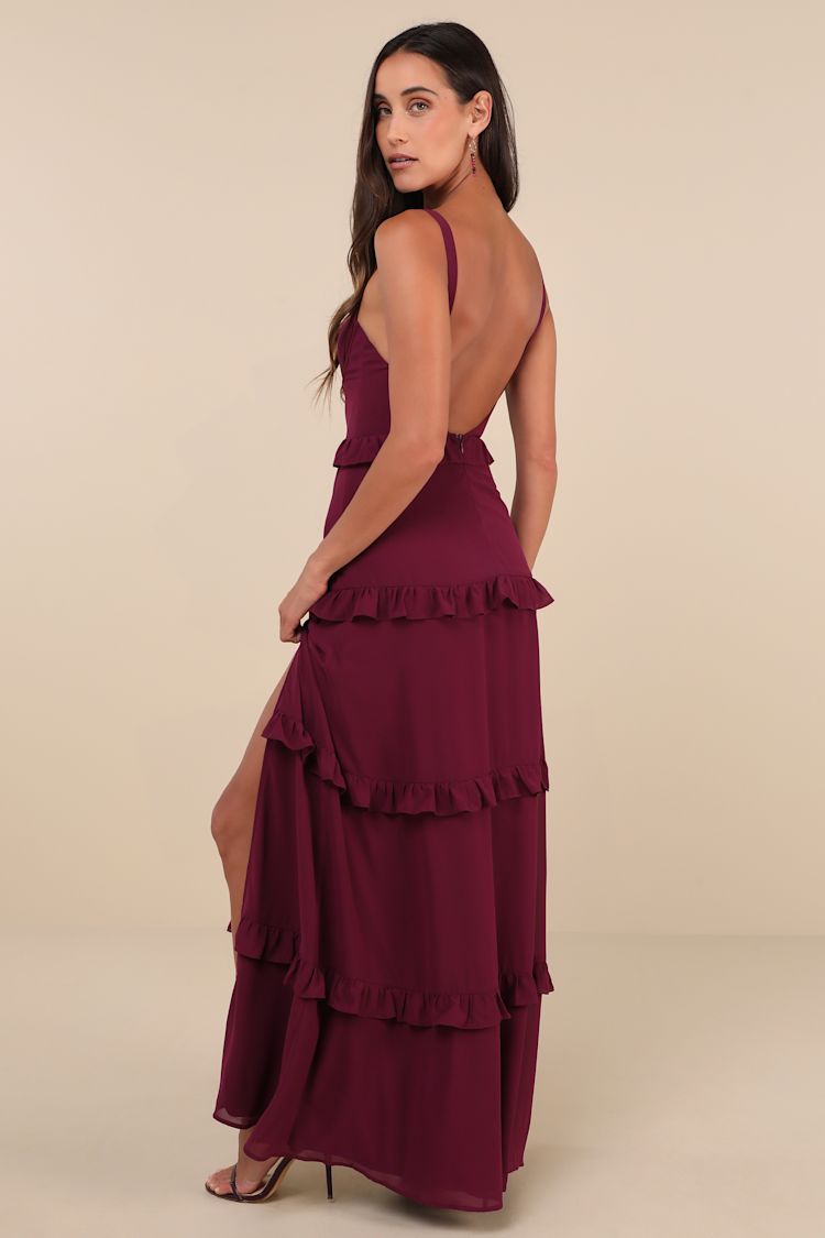 Sincerely Poised Plum Purple Backless Bustier Tiered Maxi Dress