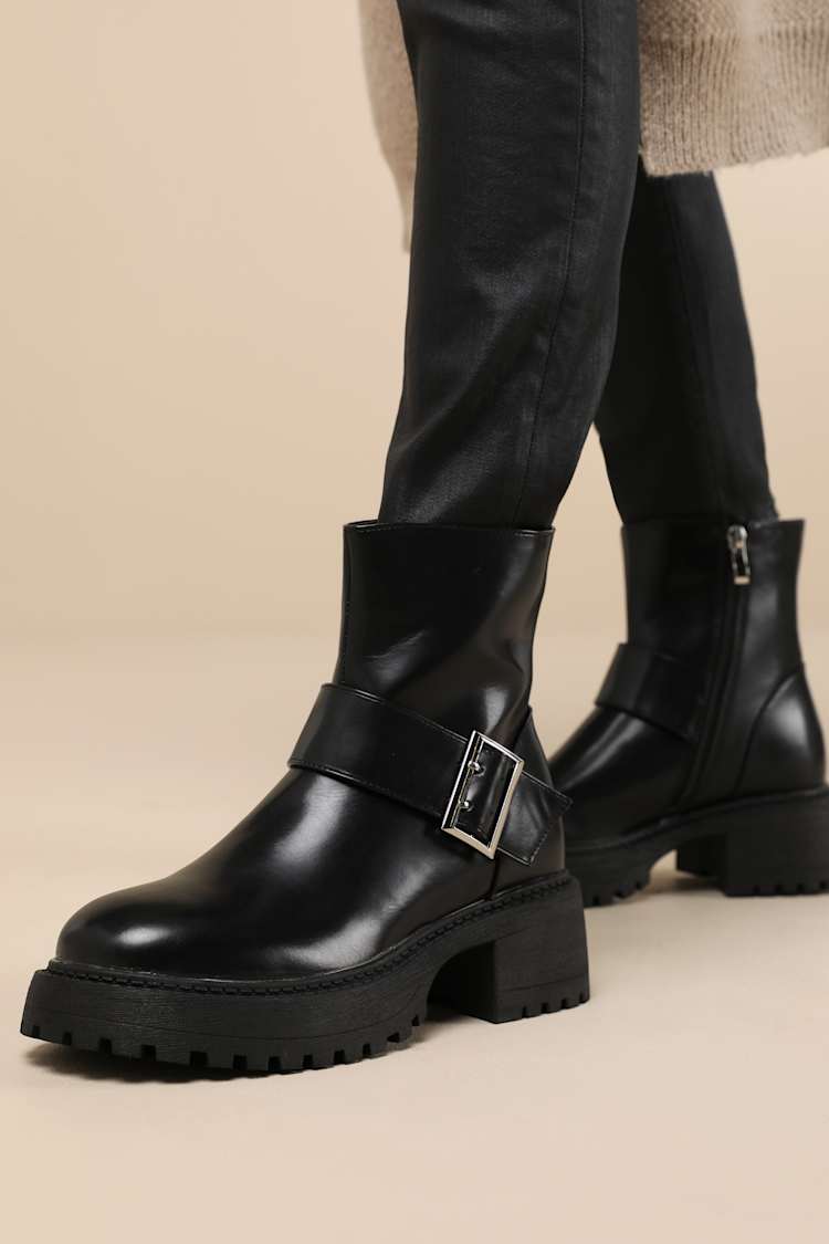 Cute Black Boots - Platform Ankle Boots - Chunky Buckle Boots - Lulus