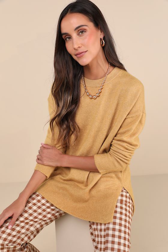 Lulus Autumn Allure Yellow Crew Neck Oversized Pullover Sweater In Yellow