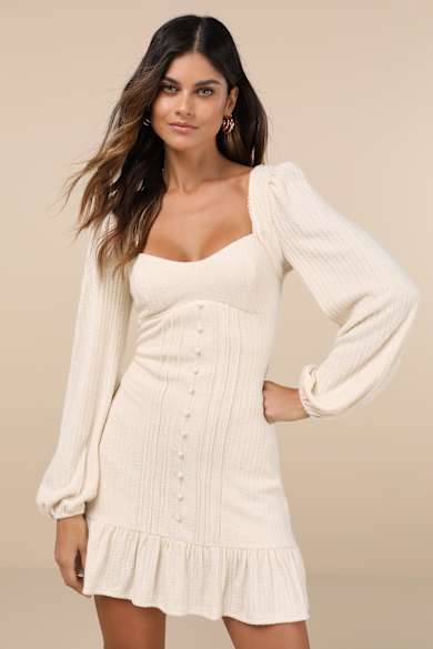 Elegant Cutie Ivory Bow Long Sleeve Backless Mini Dress