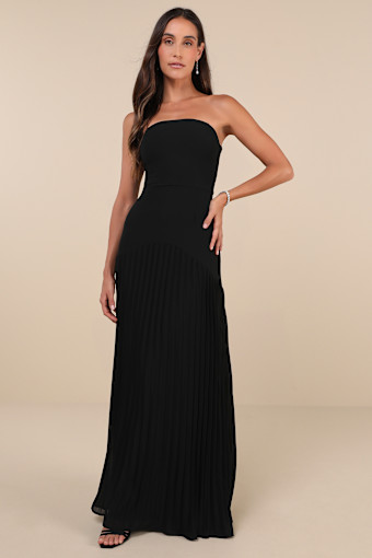 Celebratory Aesthetic Black Pleated Strapless Maxi Dress 3