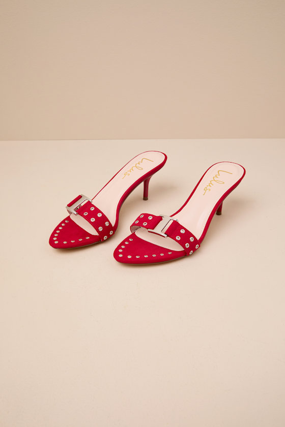 Thumbnail of Lulus Caloway Red Suede Studded Buckle High Heel Slide Sandals