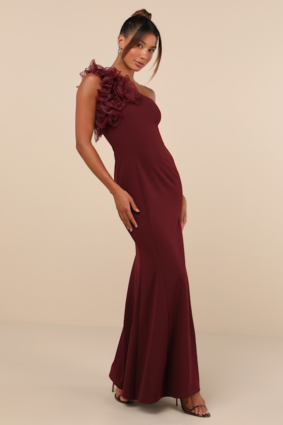 Lulus Stunning Significance Plum One-shoulder 3d Ruffled Maxi Dress In Purple
