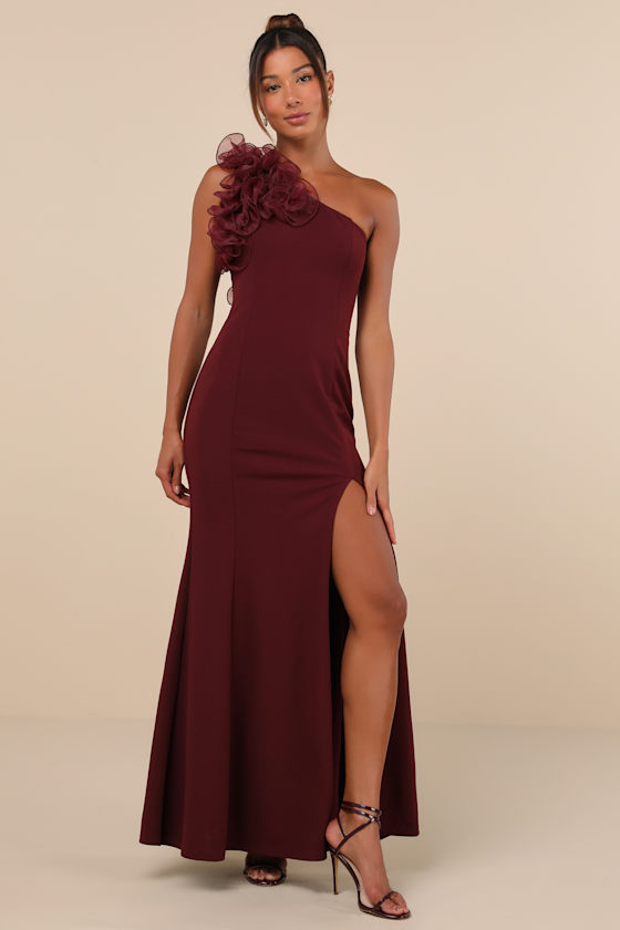 Lulus Stunning Significance Plum One-shoulder 3d Ruffled Maxi Dress In Purple
