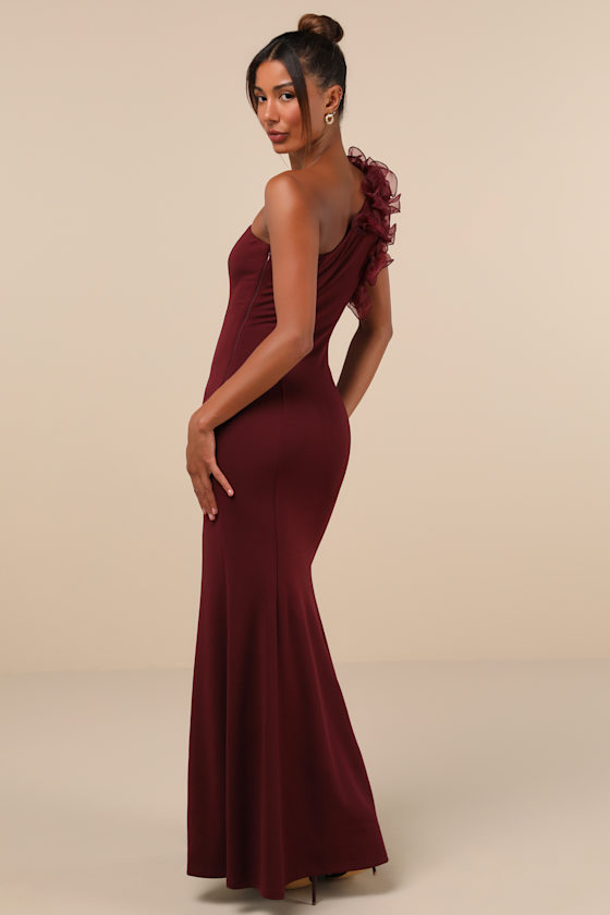 Lulus Stunning Significance Plum One-shoulder 3d Ruffled Maxi Dress In Purple