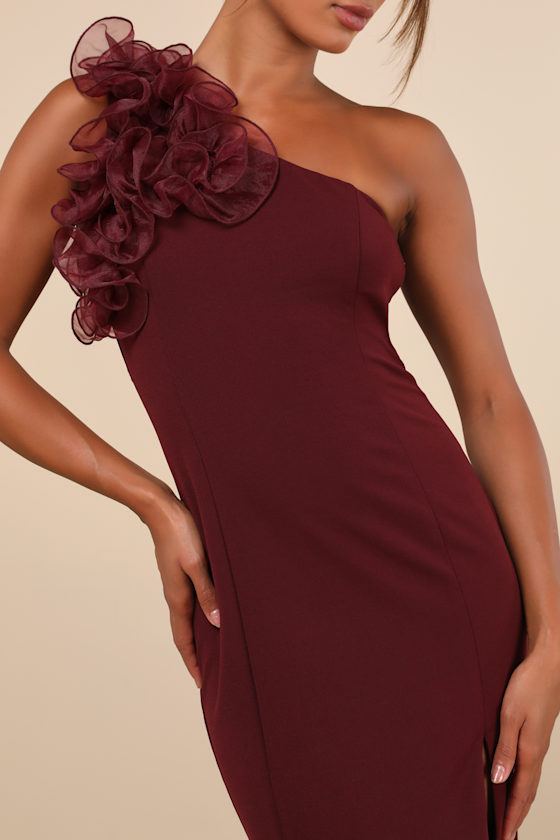 Lulus Stunning Significance Plum One-shoulder 3d Ruffled Maxi Dress In Purple