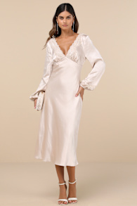 Illustrious Elegance Champagne Satin Long Sleeve Midi Dress 1