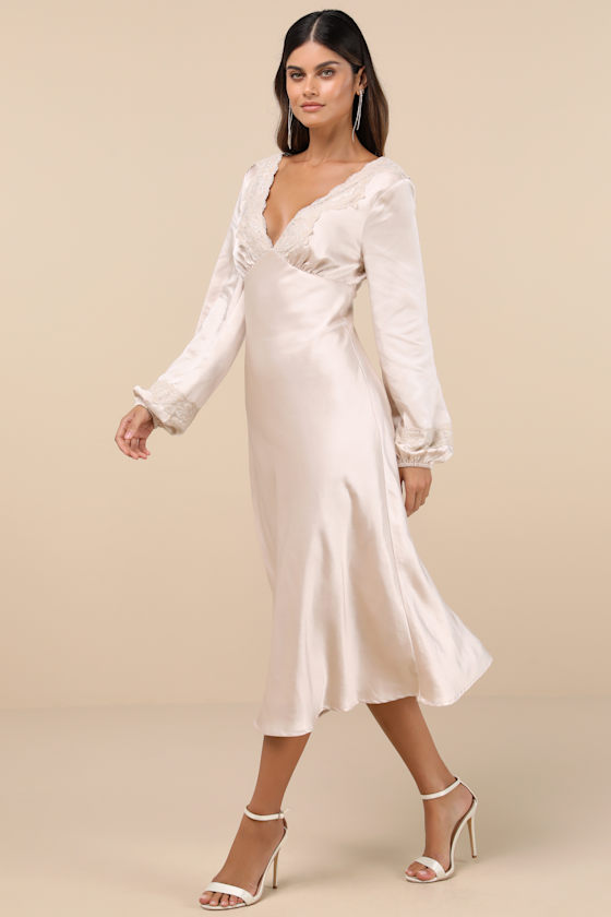 Lulus Illustrious Elegance Champagne Satin Long Sleeve Midi Dress In Champagne