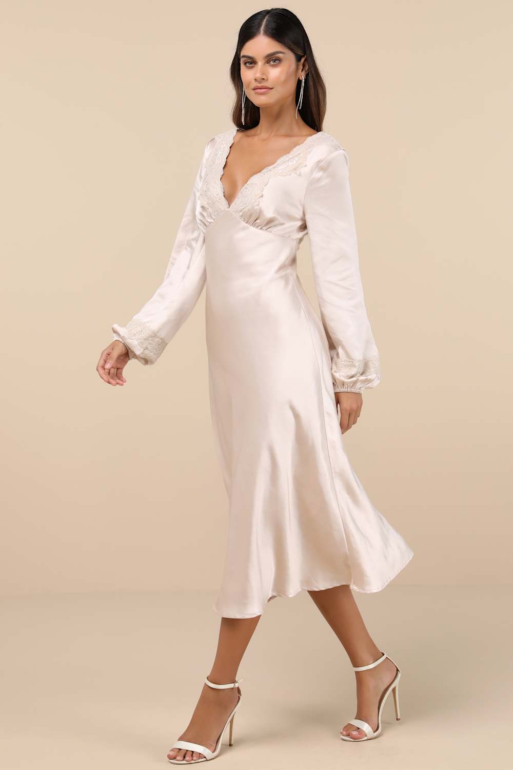 Illustrious Elegance Champagne Satin Long Sleeve Midi Dress