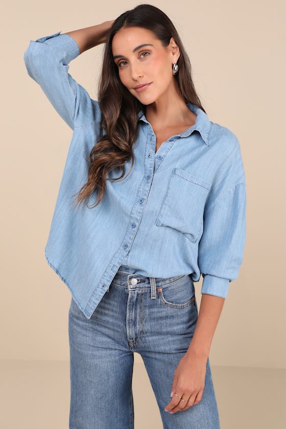 LULUS COVETED OPTION BLUE CHAMBRAY LONG SLEEVE BUTTON-UP TOP