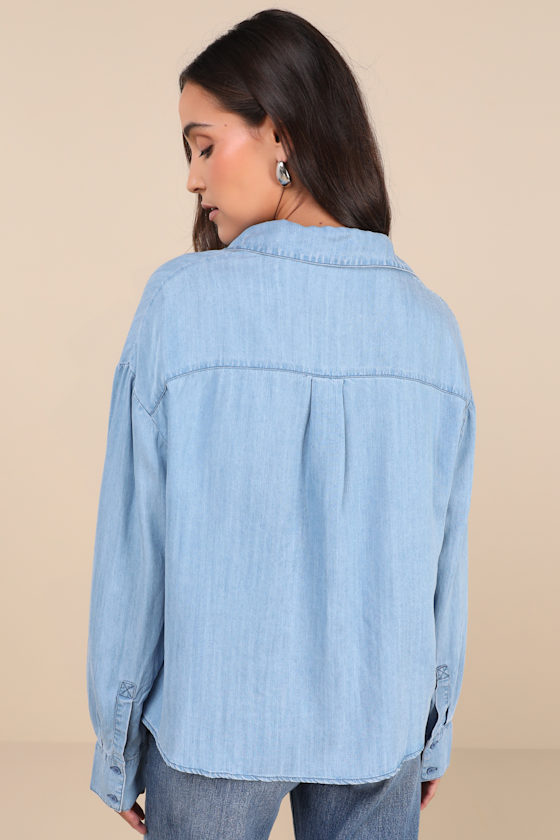 LULUS COVETED OPTION BLUE CHAMBRAY LONG SLEEVE BUTTON-UP TOP