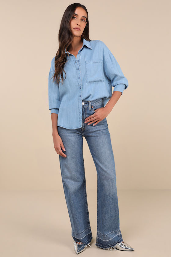 LULUS COVETED OPTION BLUE CHAMBRAY LONG SLEEVE BUTTON-UP TOP