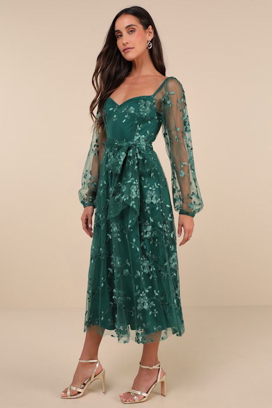 LULUS DARLING CHARISMA EMERALD MESH EMBROIDERED MIDI DRESS