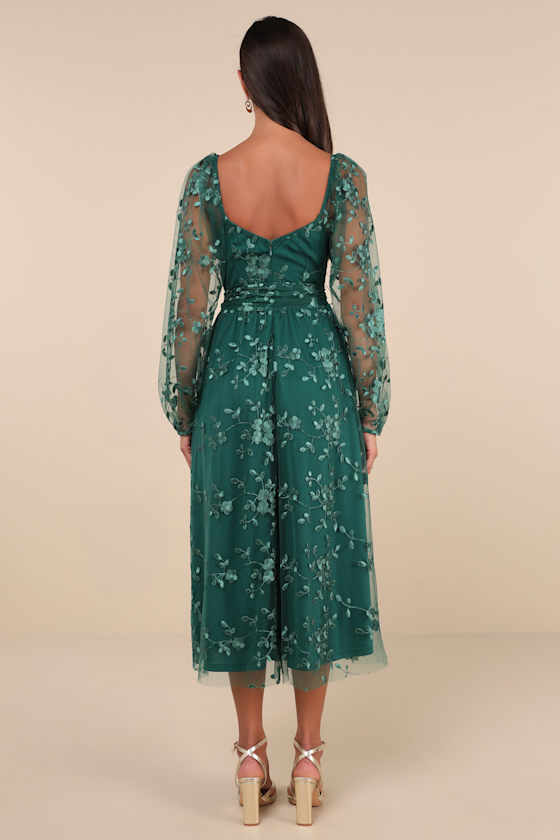 LULUS DARLING CHARISMA EMERALD MESH EMBROIDERED MIDI DRESS