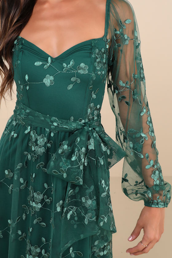 LULUS DARLING CHARISMA EMERALD MESH EMBROIDERED MIDI DRESS