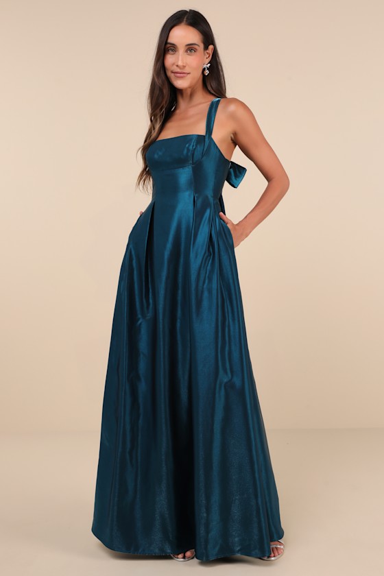 Immaculate Aura Shiny Dark Teal Taffeta Maxi Dress With Pockets 1