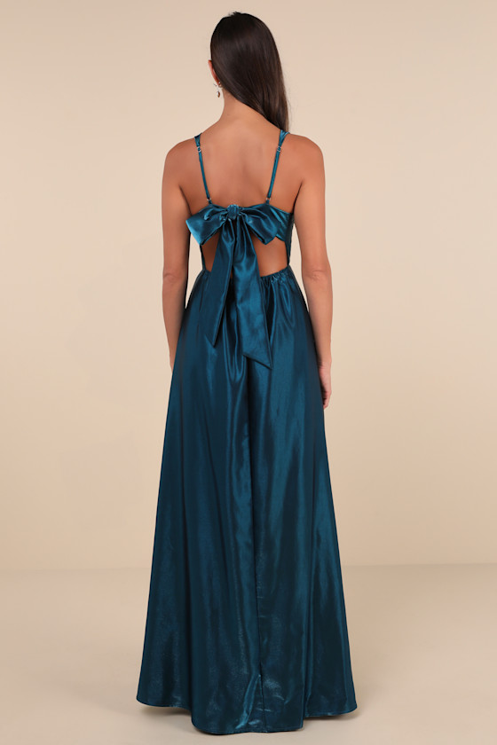 Immaculate Aura Shiny Dark Teal Taffeta Maxi Dress With Pockets 2