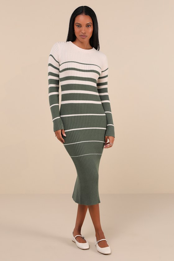 Lulus Seasonal Status Green And Cream Striped Midi Sweater Dress In Green