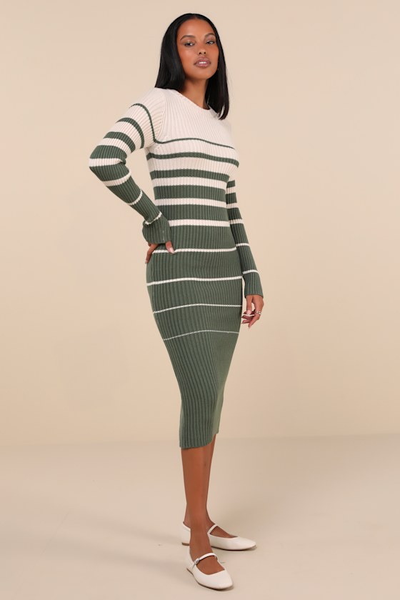 Lulus Seasonal Status Green And Cream Striped Midi Sweater Dress In Green