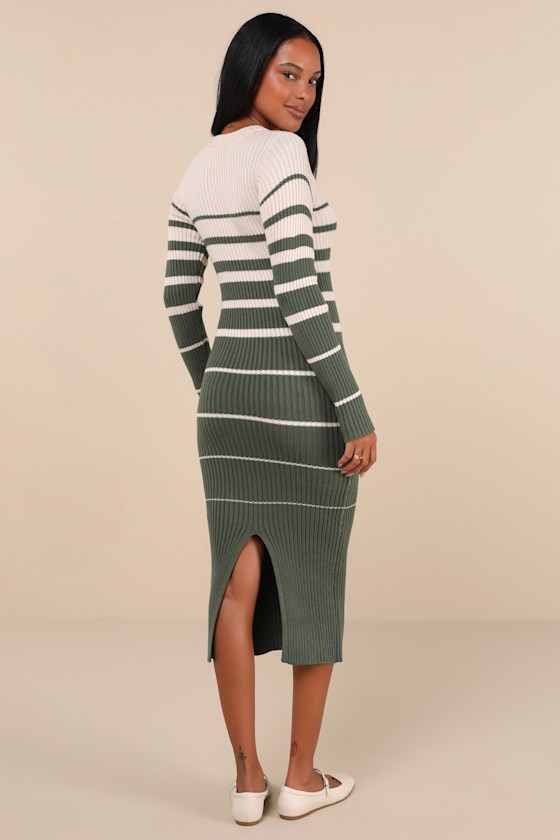 Lulus Seasonal Status Green And Cream Striped Midi Sweater Dress In Green