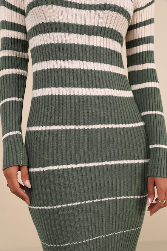 Lulus Seasonal Status Green And Cream Striped Midi Sweater Dress In Green