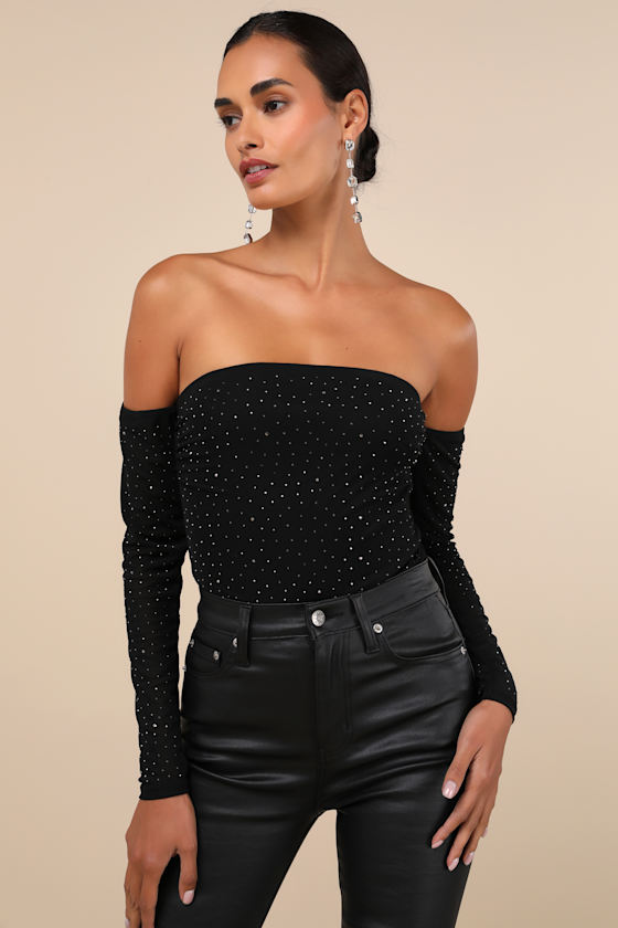 Shimmering Scene Black Rhinestone Mesh Off-the-Shoulder Bodysuit 1