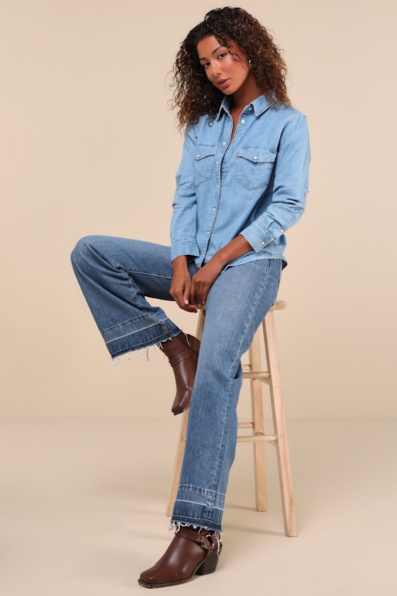 Iconic Western Blue Chambray Pearl Snap Button-Up Top 1
