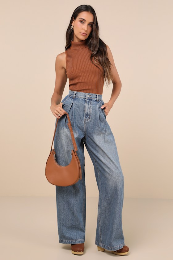 Enviable Cool Medium Wash Pleated Wide-Leg High-Rise Jeans 4