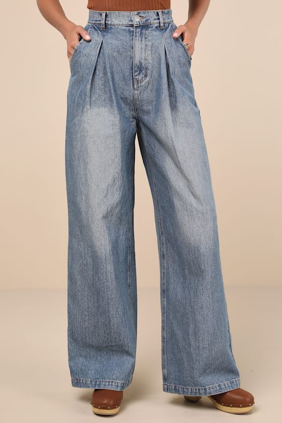 Medium Wash Pleated Jeans - Wide-Leg Jeans - High-Rise Jeans Medium Wash Pleated Jeans - Wide-Leg Jeans - High-Rise Jeans