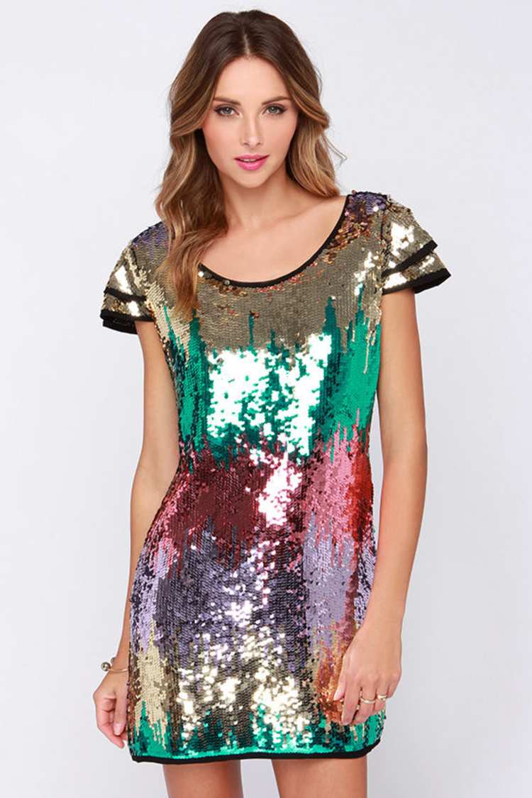 Sparkling Multi Sequin Dress - Party Dress - Shift Dress - Capped Sleeve  Dress - $49.00