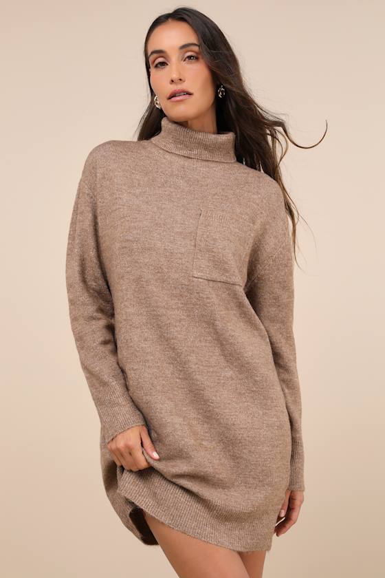 Positively Charming Heather Brown Turtleneck Mini Sweater Dress