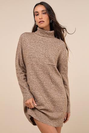 Positively Charming Heather Brown Turtleneck Mini Sweater Dress