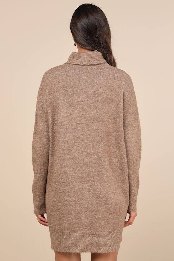 Lulus Positively Charming Heather Brown Turtleneck Mini Sweater Dress In Brown