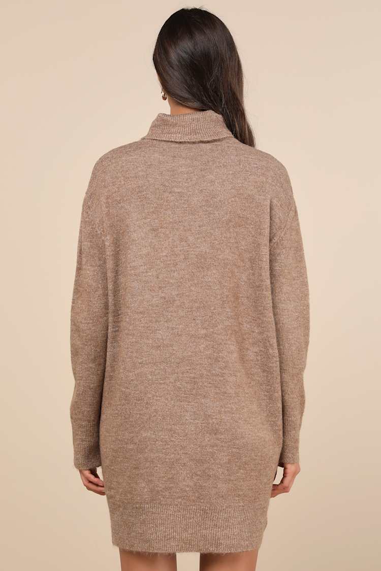brown ruffled hem turtleneck sweater dress Daiya Ribbed-Knit Turtleneck Mini Dress in Espresso main image 0