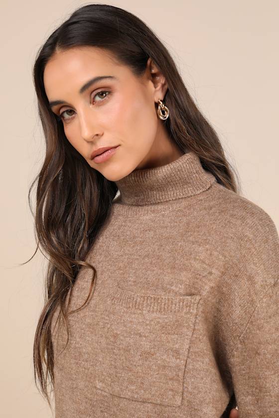 Lulus Positively Charming Heather Brown Turtleneck Mini Sweater Dress In Brown