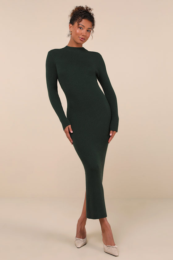 Autumnal Sensation Green Ribbed Long Sleeve Sweater Dress 1