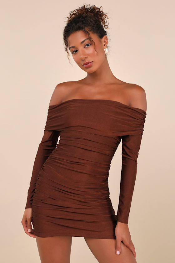 Sultry Influence Dark Brown Off-the-Shoulder Ruched Mini Dress