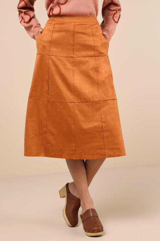 Lost + Wander Amore Rust Brown Suede High-rise Midi Skirt In Rust Brown