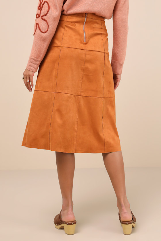 Lost + Wander Amore Rust Brown Suede High-rise Midi Skirt In Rust Brown