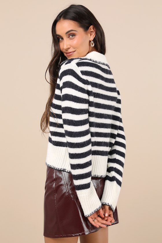 Adorable Warmth Ivory Striped Collared Tie-Front Cardigan 1