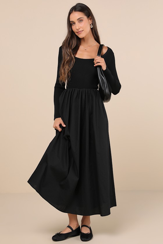 Long sleeve mid length black dress shop