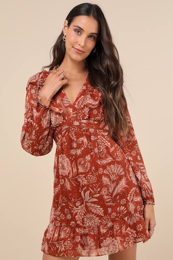 Lost + Wander Florencia Rust Floral Clip Dot Ruffled Mini Dress With Pockets In Red