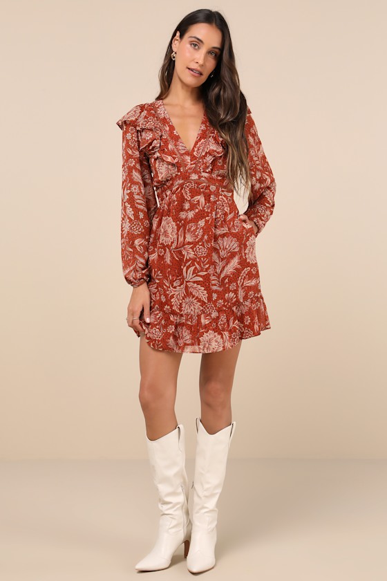 Lost + Wander Florencia Rust Floral Clip Dot Ruffled Mini Dress With Pockets In Red