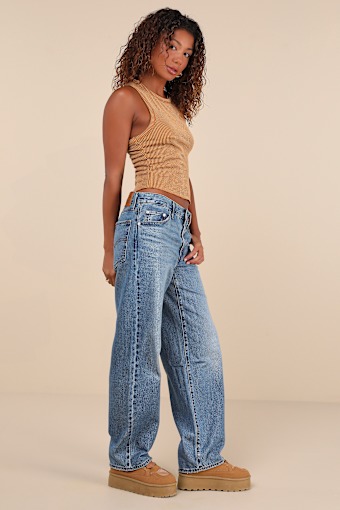 Baggy Dad Medium Wash Cotton Denim Mid-Rise Wide-Leg Jeans 4