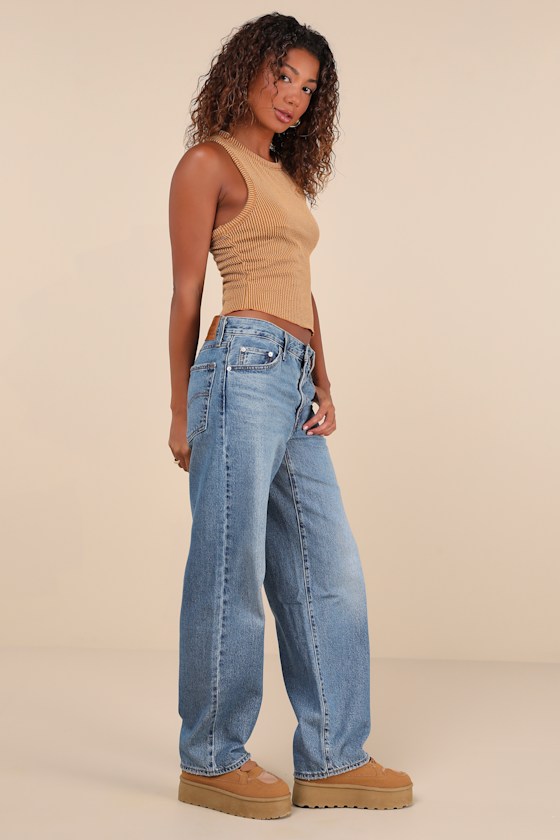 Baggy Dad Medium Wash Cotton Denim Mid-Rise Wide-Leg Jeans 4